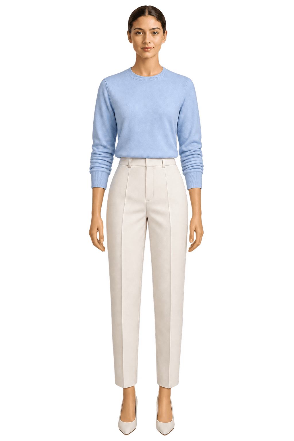 Illustrative female app model in a blue top and ivory trousers