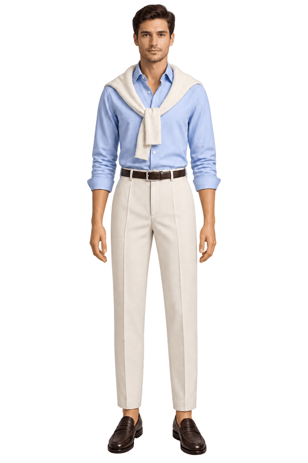 Illustrative male app model in a blue shirt and ivory trousers